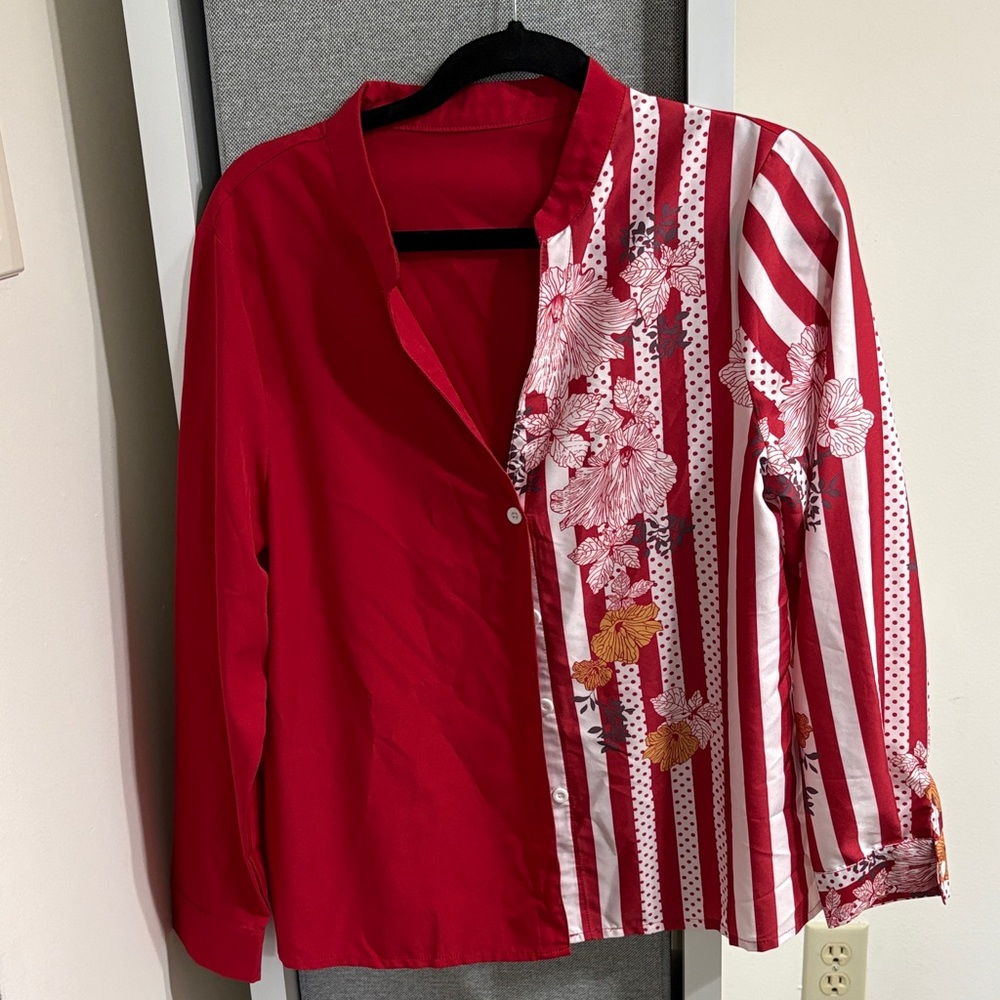 Red and White Striped Floral Button-Up Shirt